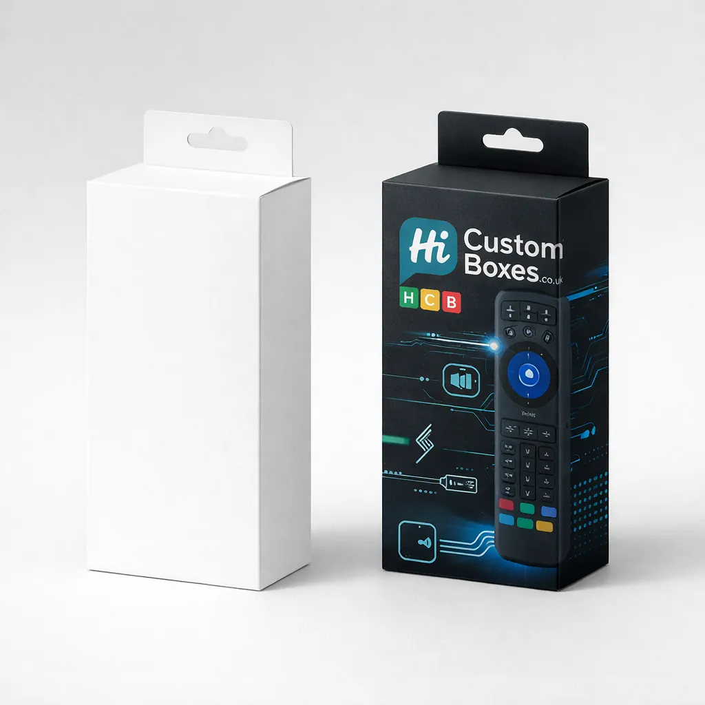 Two retail boxes with hanging tabs, one plain white and one black showing a remote control. class=